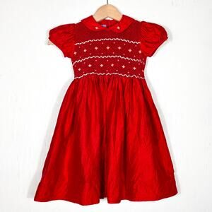 Anavini Girls Christmas Holiday Hand Smocked Red 100% Silk Dress | 5
